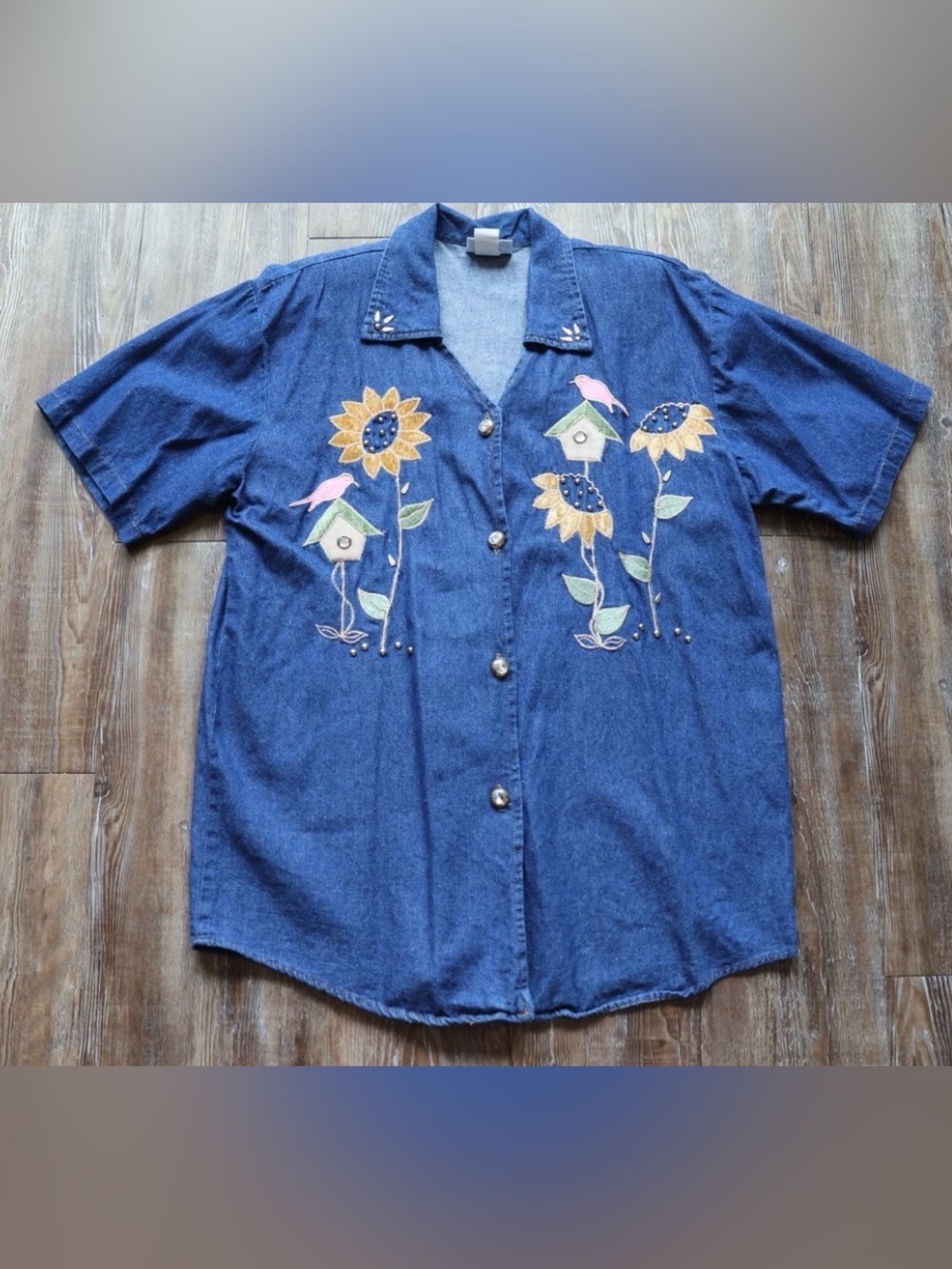 VTG Made in USA Sunflower Birdhouse Embroidered Denim Tunic Shirt Cottagecore L